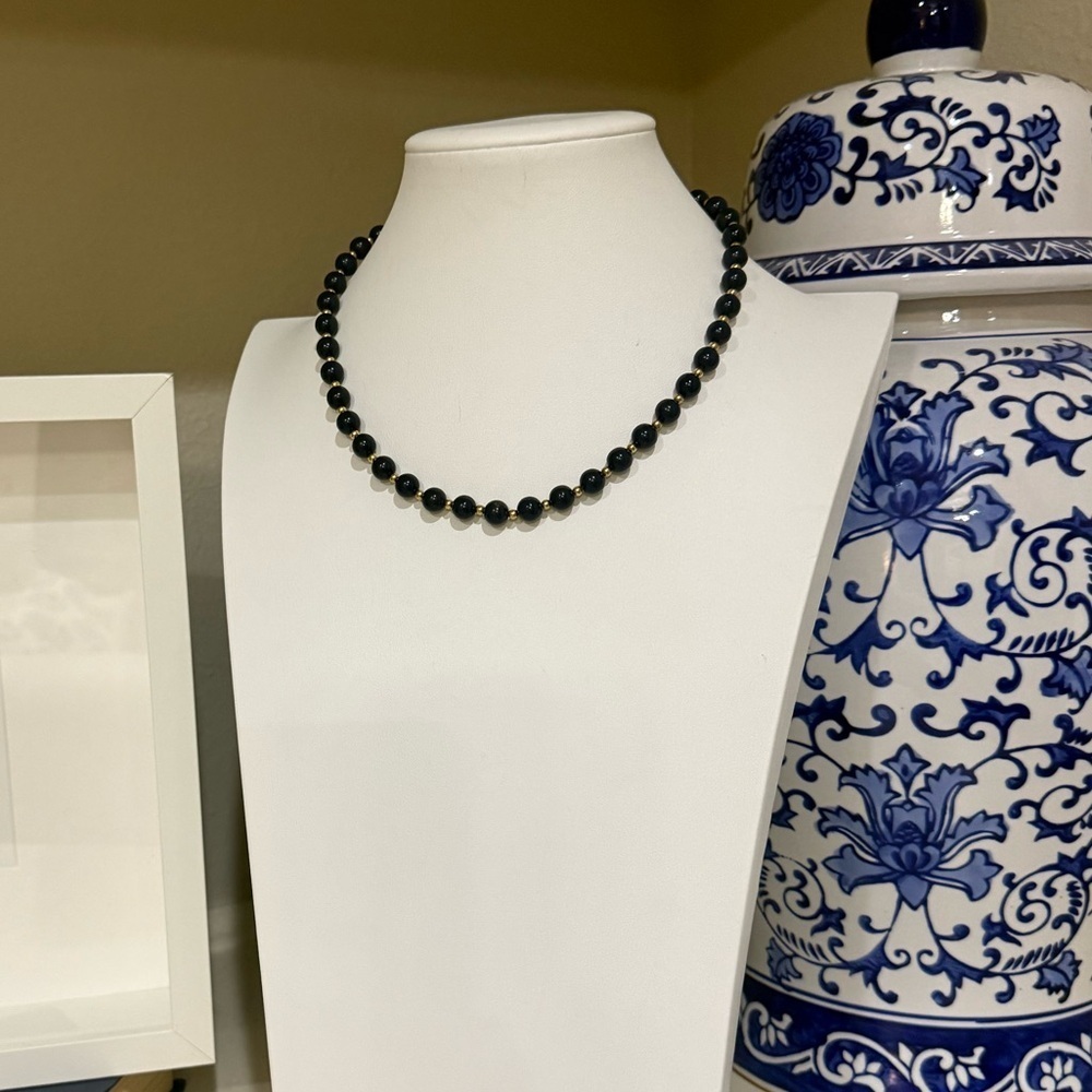 Signed Monet Necklace Gold Tone Dark Navy Blue Beaded Adjustable